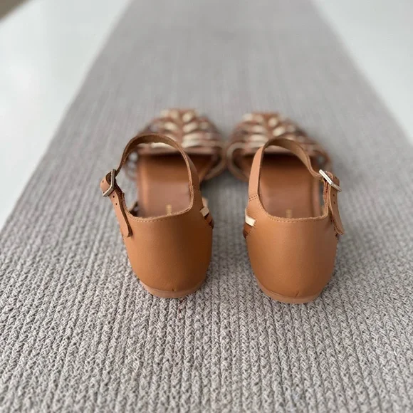 Anthropologie Brown Tan Woven Leather Ankle Strap Flats Sandals Size 8 - Picture 4 of 8